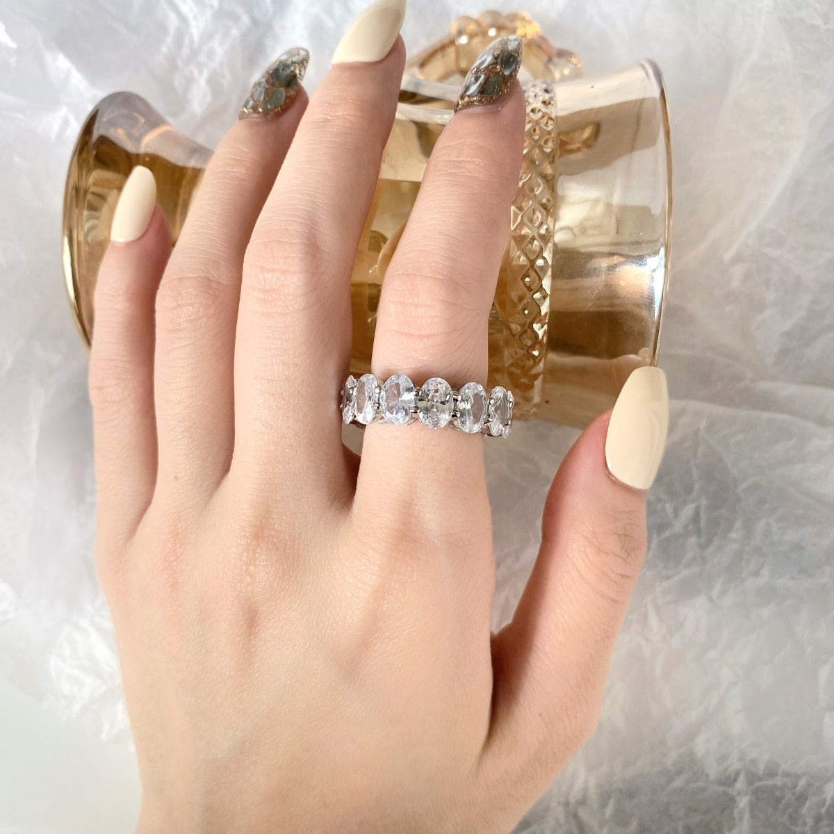 Pomuse Dainty Elongated Cushion Cut Tennis Ring