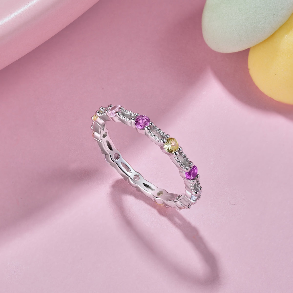 Pomuse Sparkling Colorful Round Cut Tennis Ring