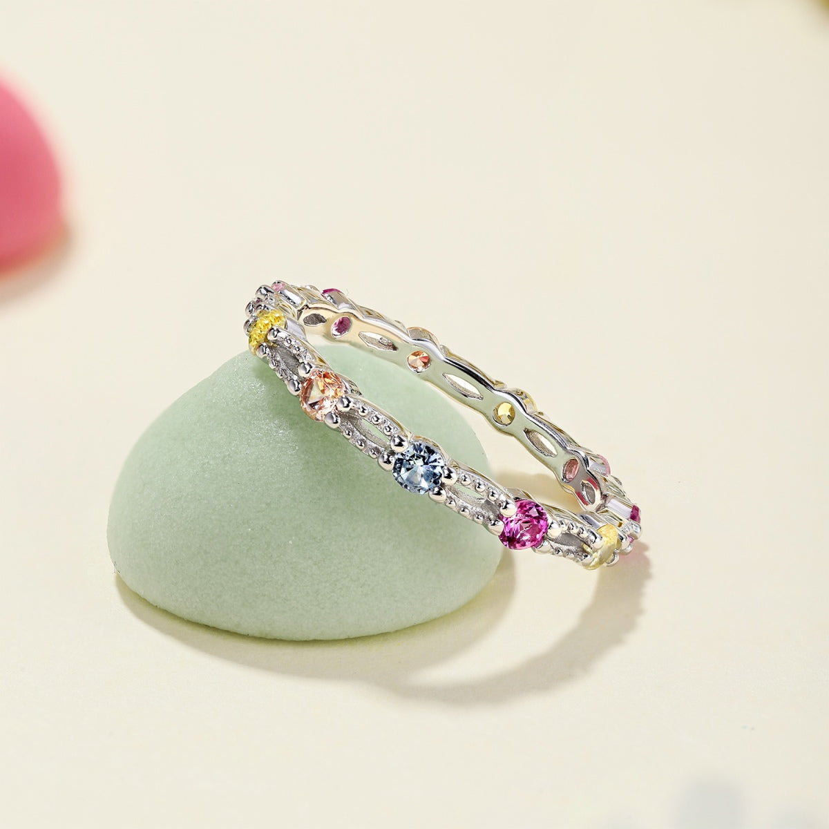 Pomuse Sparkling Colorful Round Cut Tennis Ring