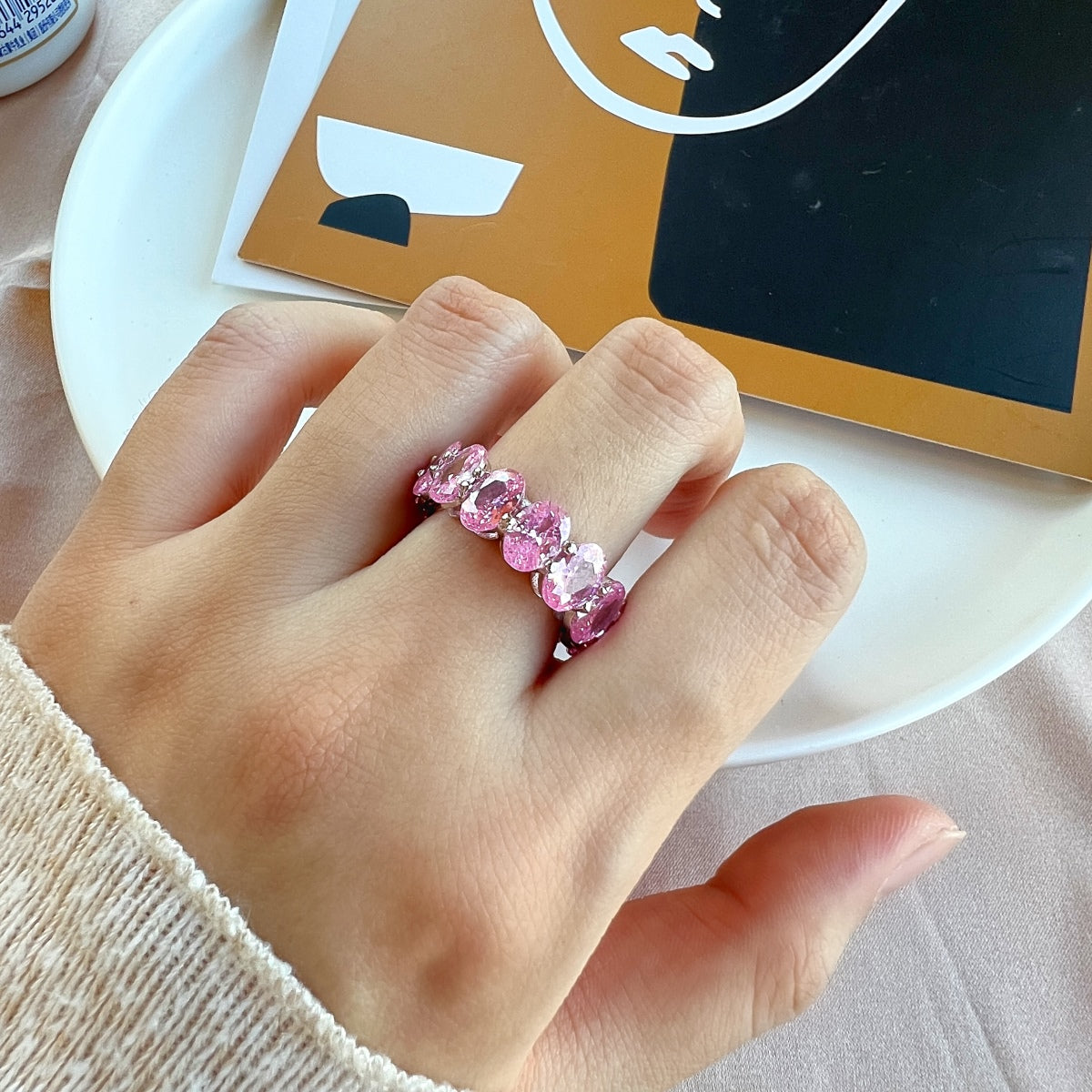 Pomuse Dainty Elongated Cushion Cut Tennis Ring