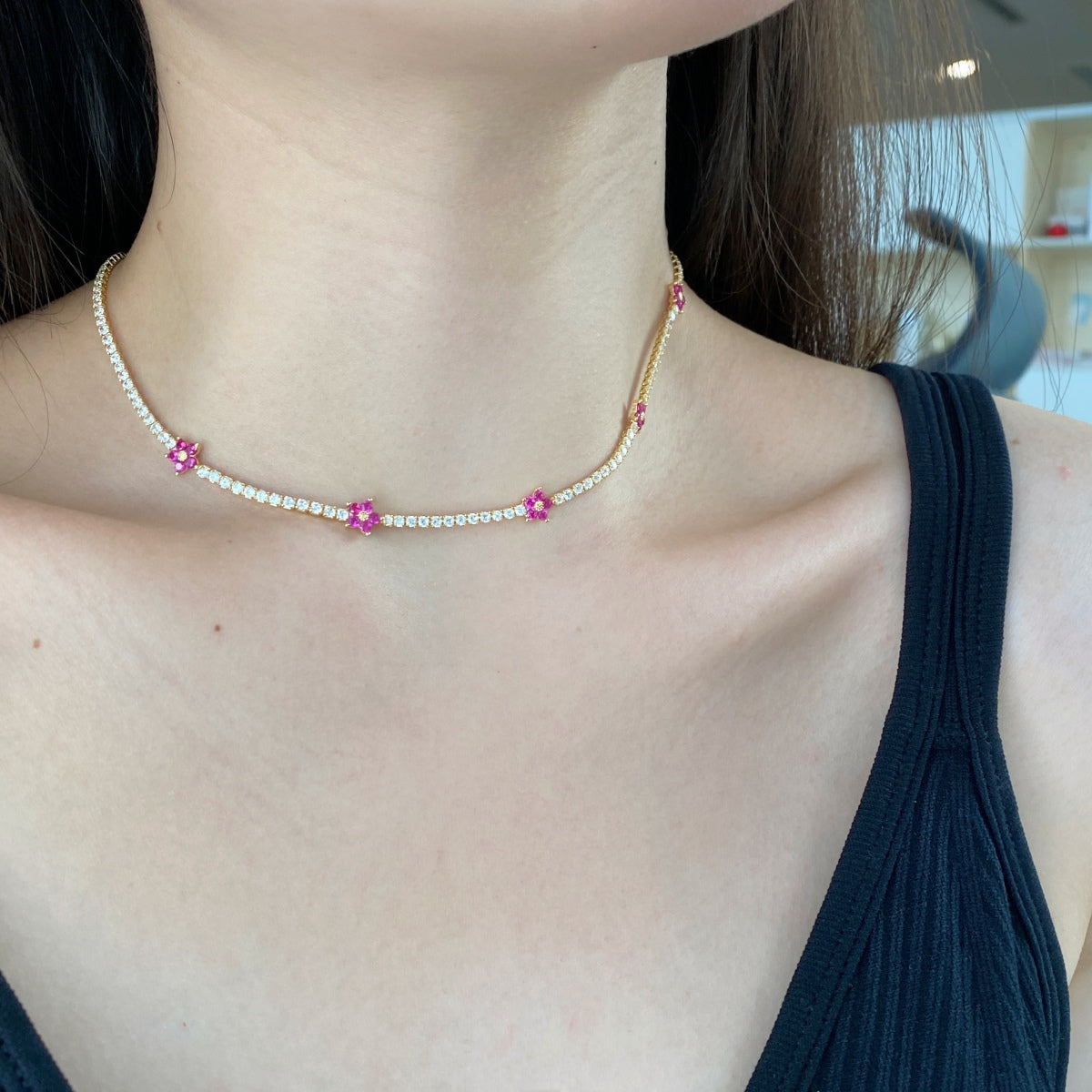 Pomuse Luxurious Colorful Flower Tennis Necklace