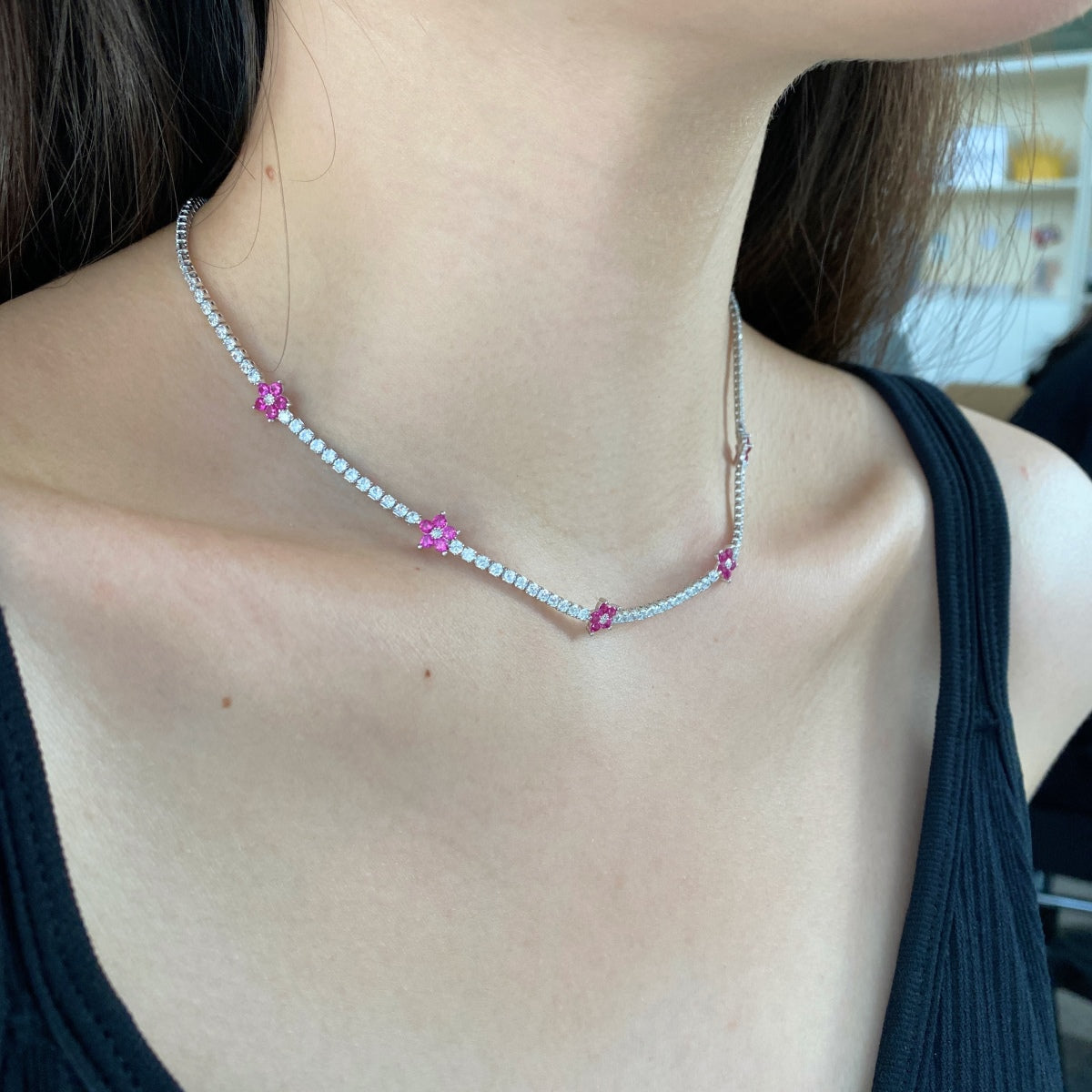Pomuse Luxurious Colorful Flower Tennis Necklace