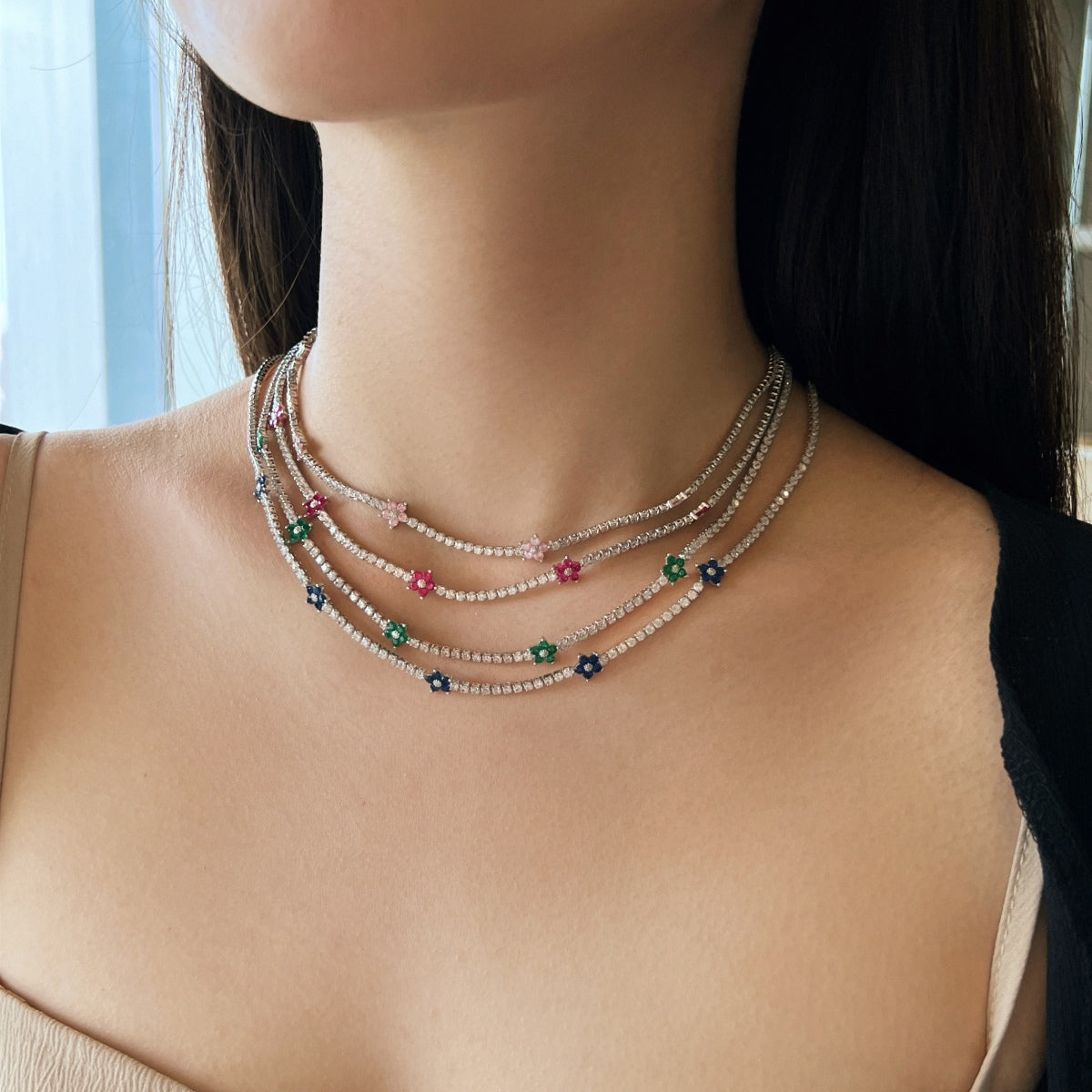Pomuse Luxurious Colorful Flower Tennis Necklace