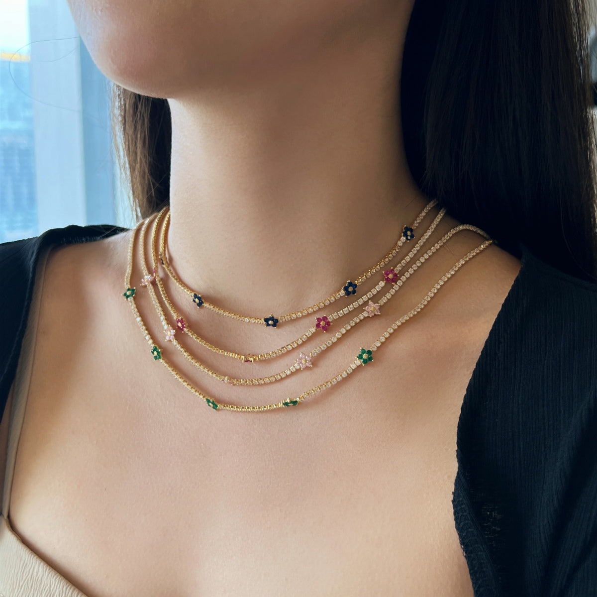 Pomuse Luxurious Colorful Flower Tennis Necklace