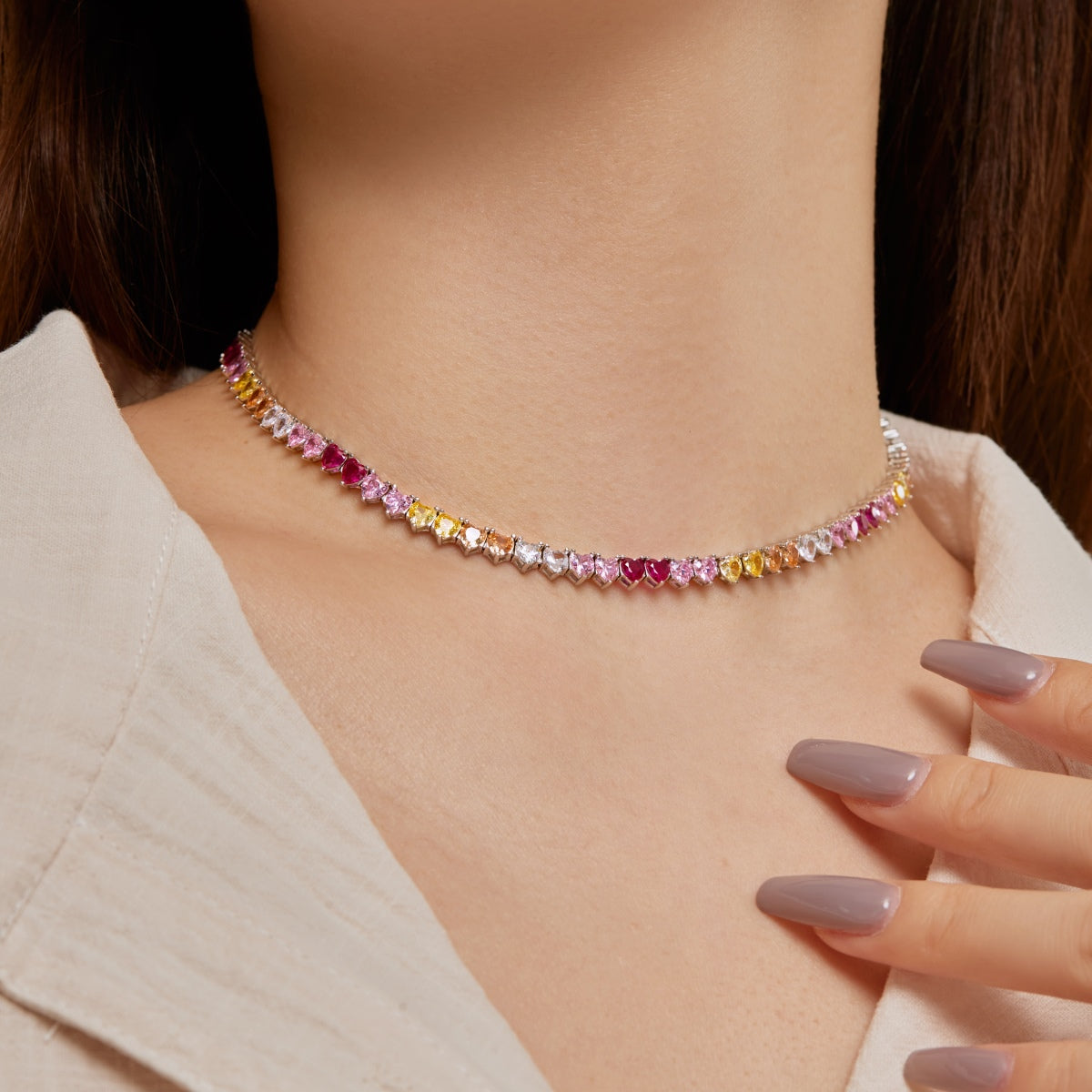 Pomuse Sparkling Colorful Full Heart Tennis Necklace