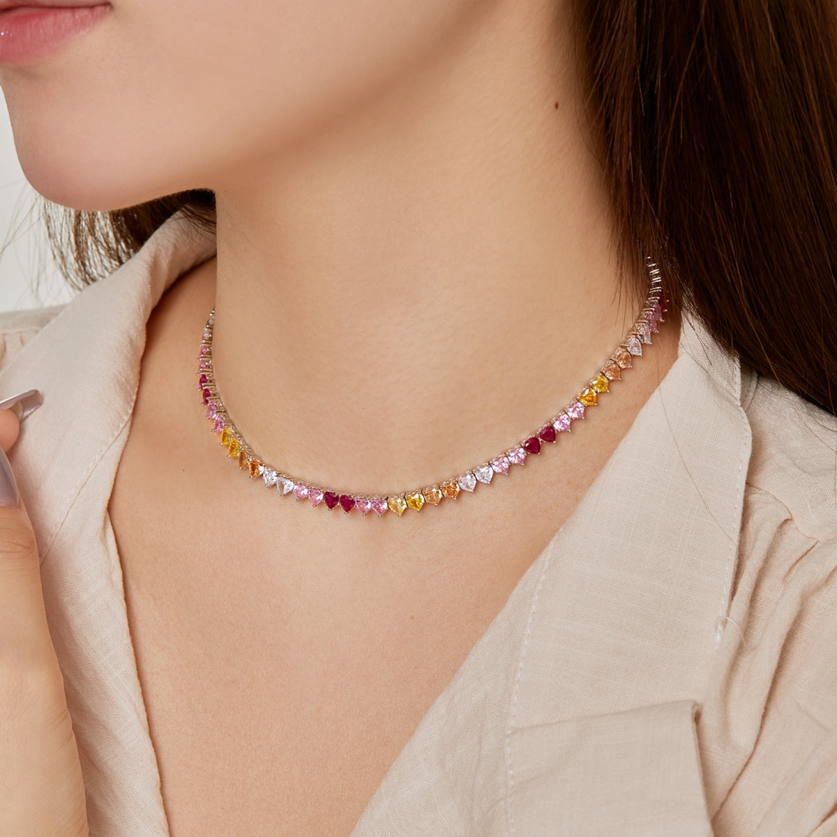 Pomuse Sparkling Colorful Full Heart Tennis Necklace