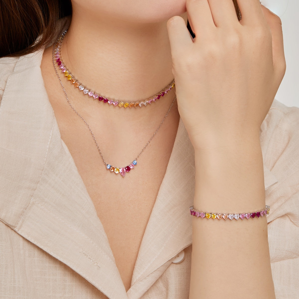 Pomuse Sparkling Colorful Full Heart Tennis Necklace