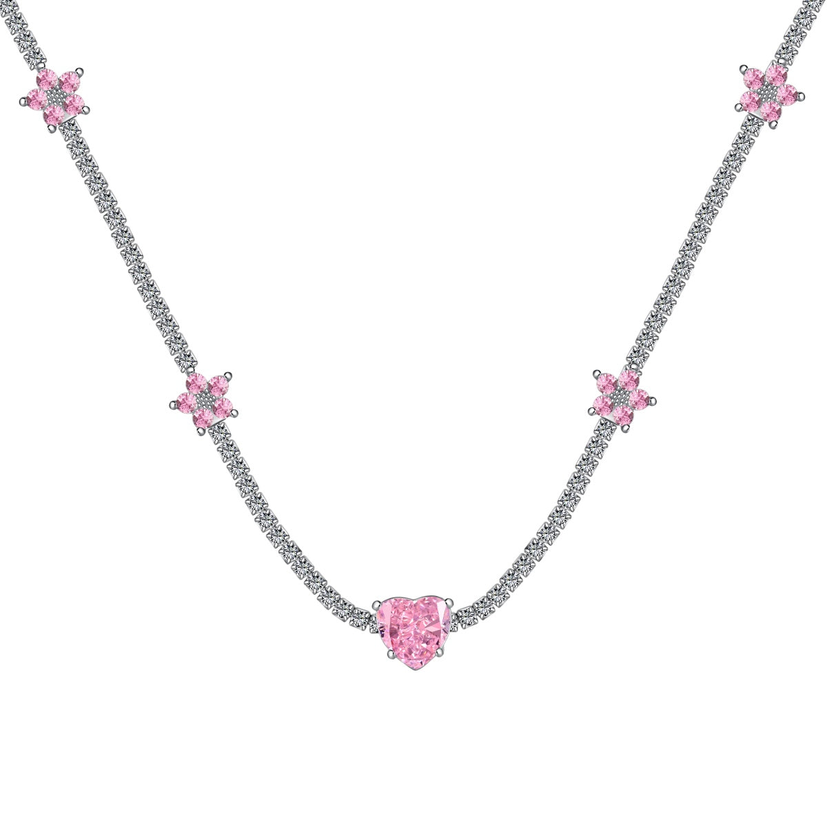 Pomuse Dazzling Pink Heart Flower Necklace