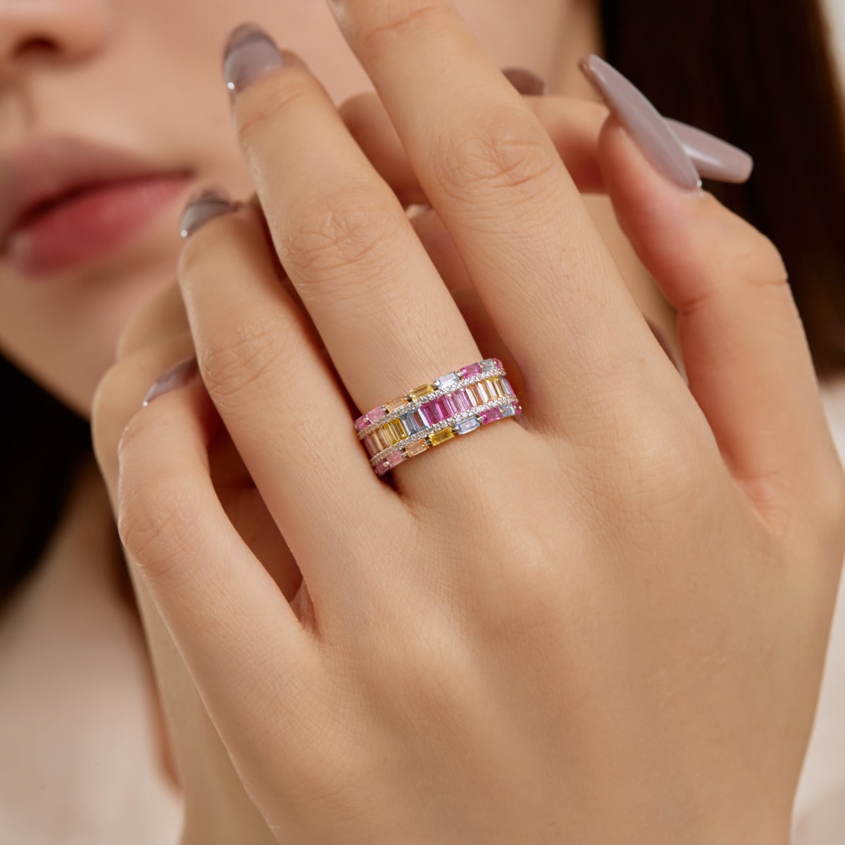 Pomuse Dazzling Colorful Radiant Cut Party Ring