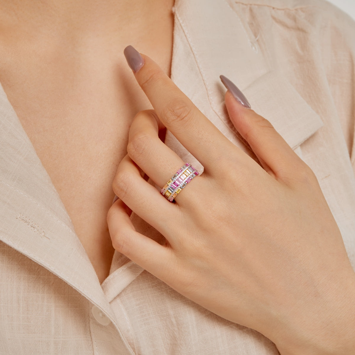 Pomuse Dazzling Colorful Radiant Cut Party Ring