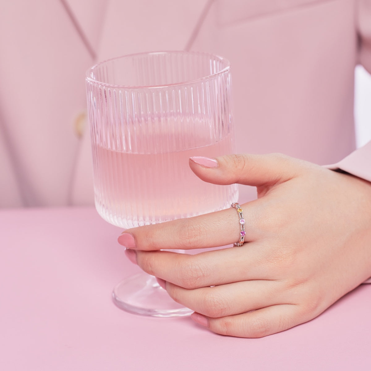 Pomuse Sparkling Colorful Round Cut Tennis Ring