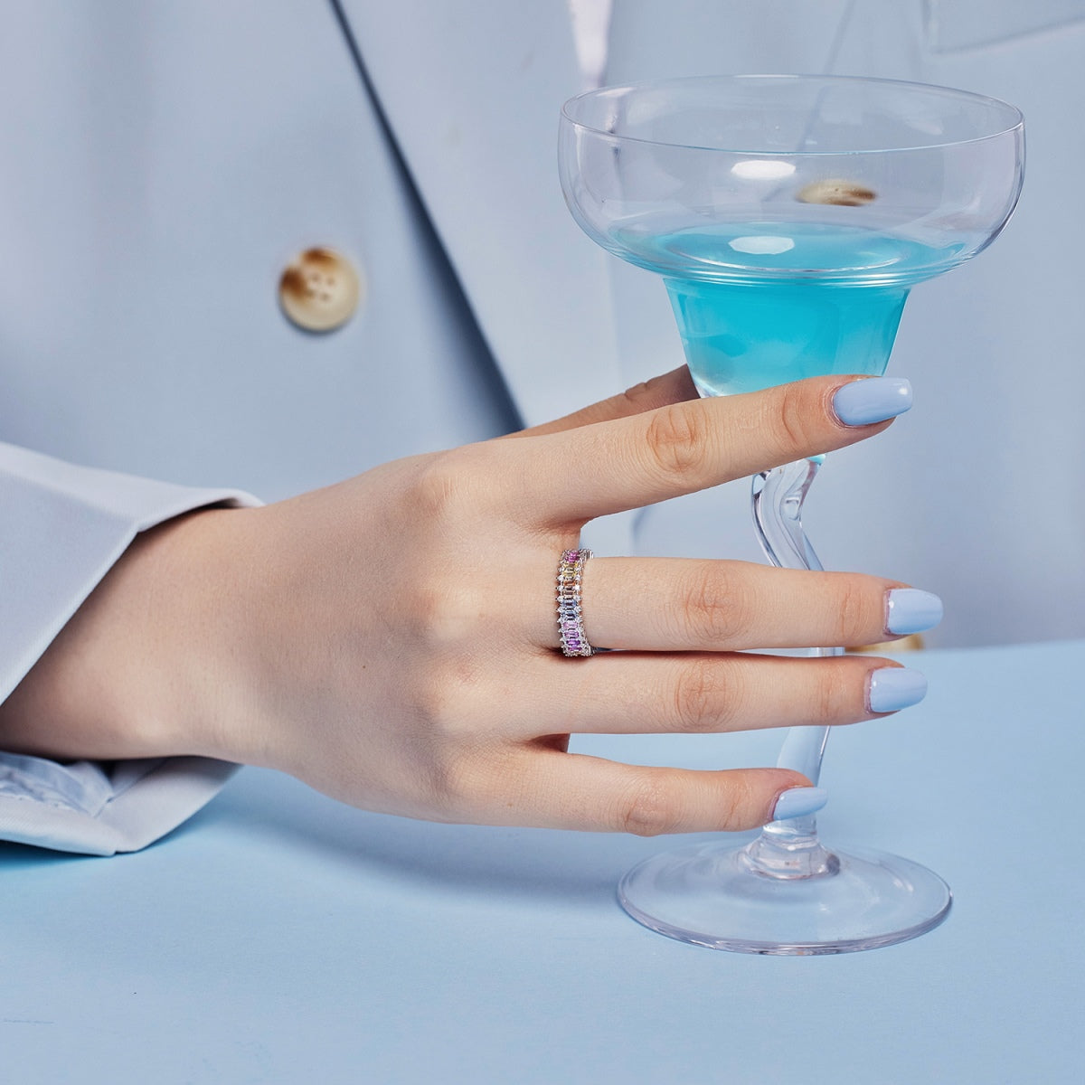 Pomuse Splashy Ornate Emerald Cut Cocktail Ring
