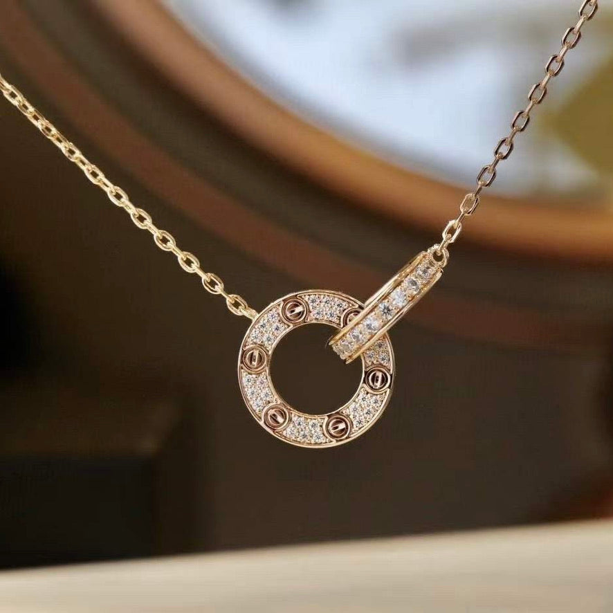 Pomuse LOVE 7.6MM NECKLACE ROSE GOLD AND SILVER  FULL DIAMOND