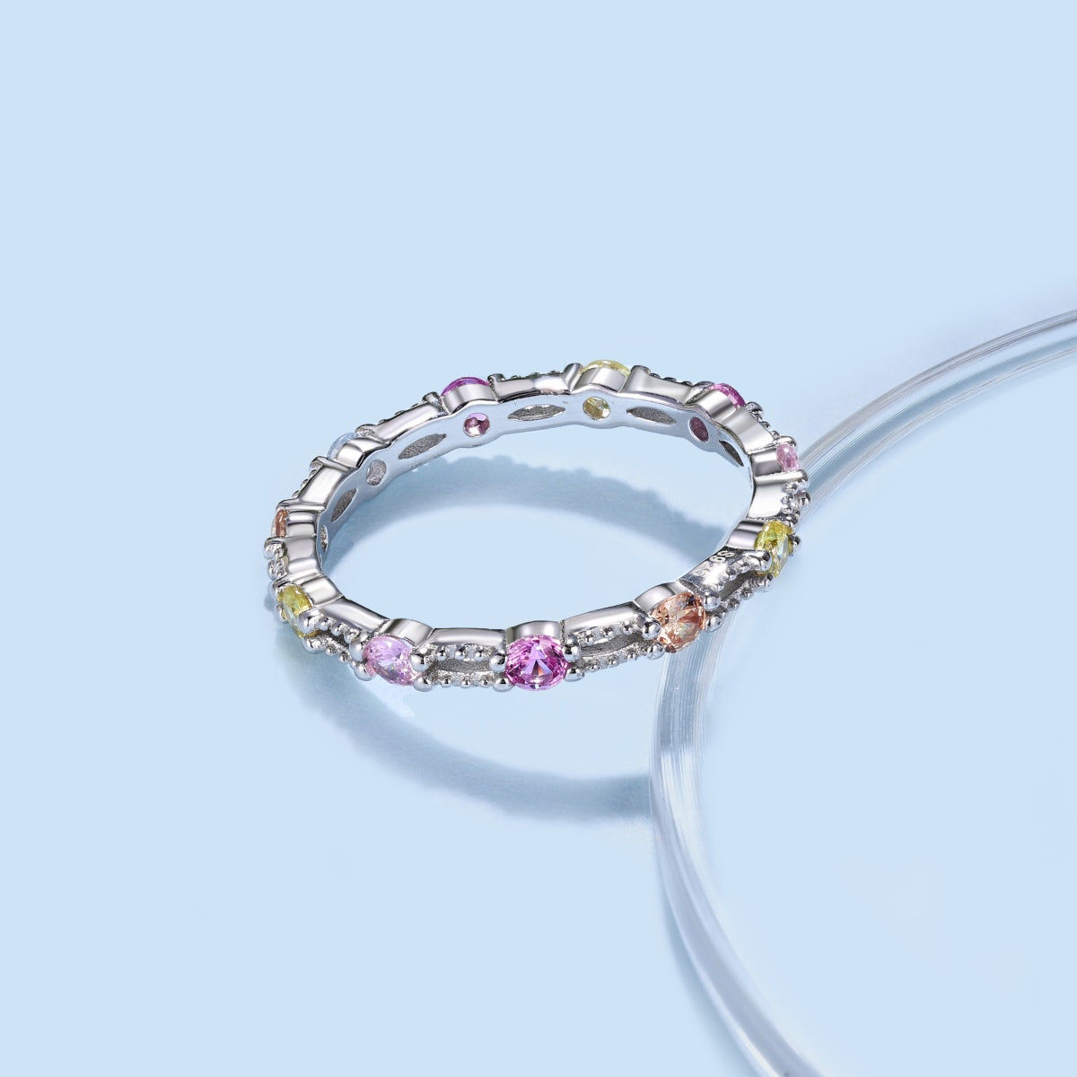Pomuse Sparkling Colorful Round Cut Tennis Ring