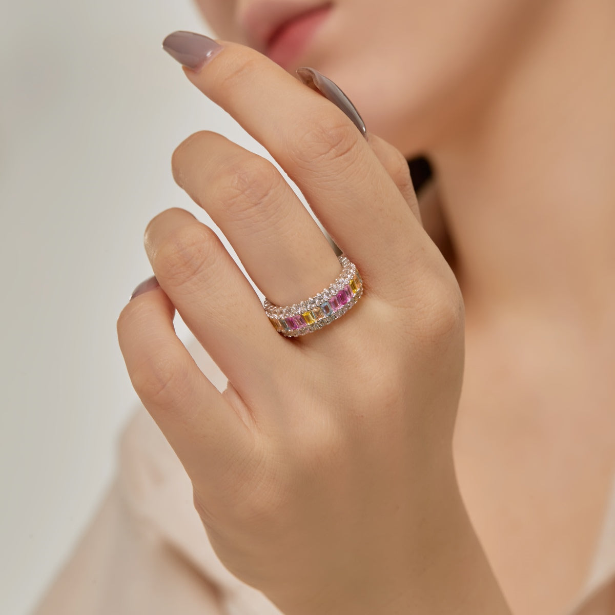 Pomuse Dainty Colorful Radiant Cut Daily Ring
