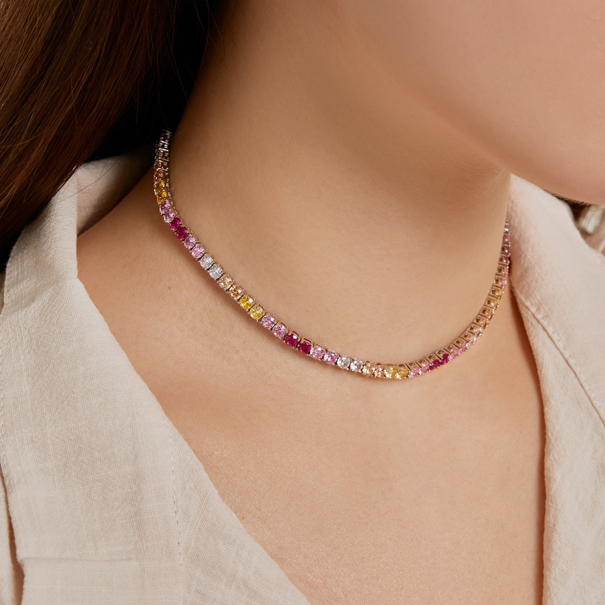 Pomuse Delicate Colorful Tennis Necklace