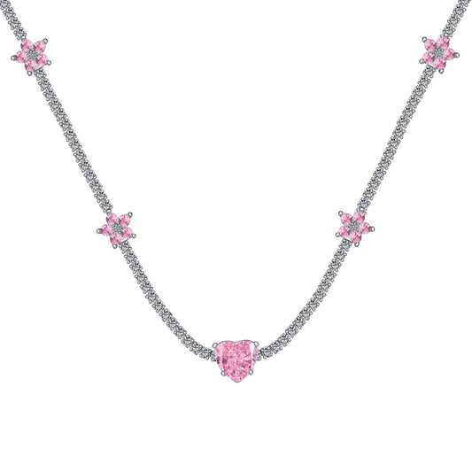 Pomuse Dazzling Pink Heart Flower Necklace