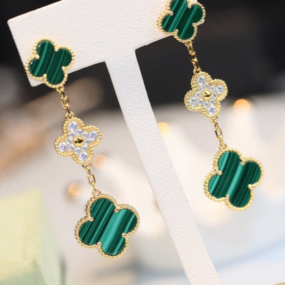 Pomuse CLOVER EARRINGS GOLD MALACHITE DIAMOND 3 MOTIF