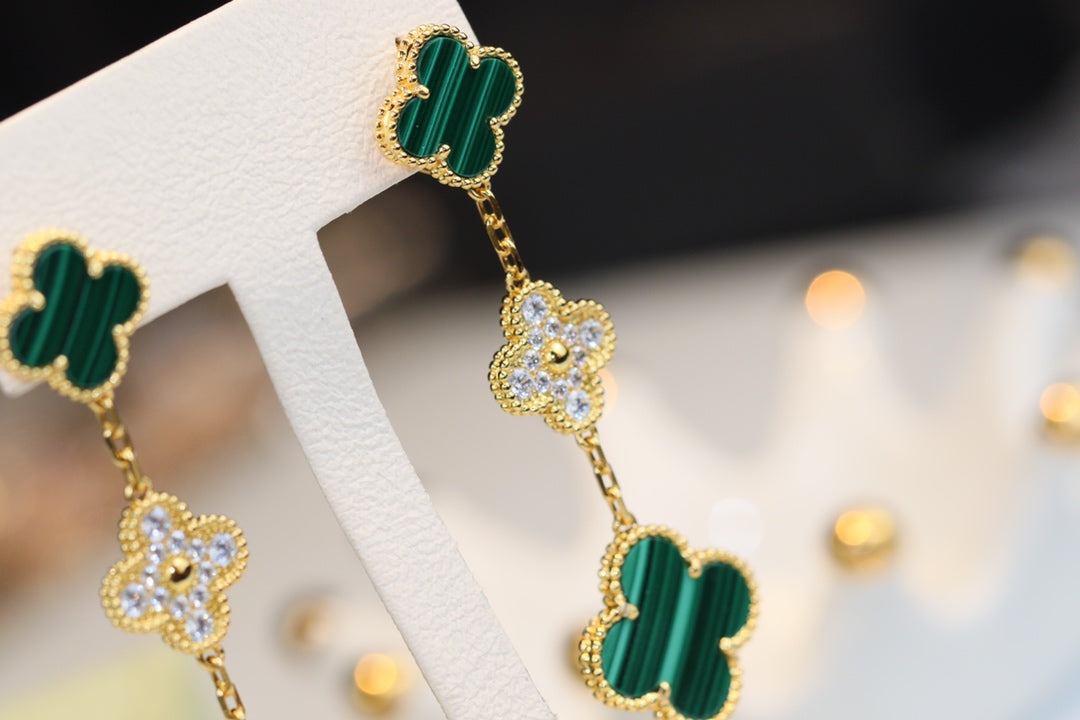 Pomuse CLOVER EARRINGS GOLD MALACHITE DIAMOND 3 MOTIF