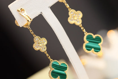 Pomuse CLOVER EARRINGS GOLD MALACHITE DIAMOND 3 MOTIF
