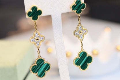 Pomuse CLOVER EARRINGS GOLD MALACHITE DIAMOND 3 MOTIF