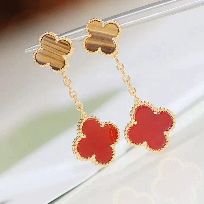 Pomuse CLOVER  2 MOTIF  TIGER EYE CARNELIAN EARRINGS