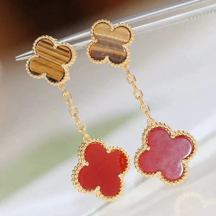 Pomuse CLOVER  2 MOTIF  TIGER EYE CARNELIAN EARRINGS