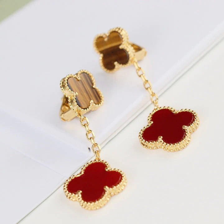 Pomuse CLOVER  2 MOTIF  TIGER EYE CARNELIAN EARRINGS