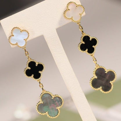 Pomuse CLOVER EARRINGS GOLD ONYX MOP 3 MOTIF