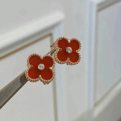Pomuse CLOVER MEDIUM 1 MOTIFS CARNELIAN  DIAMOND EARRINGS