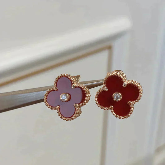 Pomuse CLOVER MEDIUM 1 MOTIFS CARNELIAN  DIAMOND EARRINGS