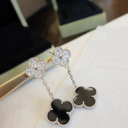 Pomuse CLOVER 2 MOTIFS  DIAMOND ONYX EARRINGS SILVER