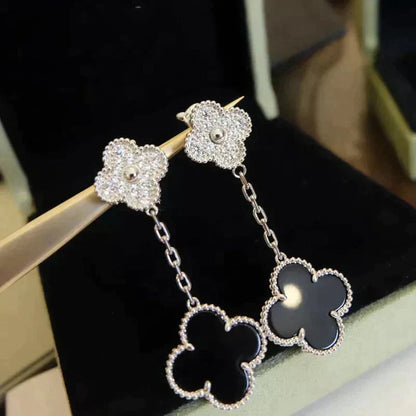 Pomuse CLOVER 2 MOTIFS  DIAMOND ONYX EARRINGS SILVER