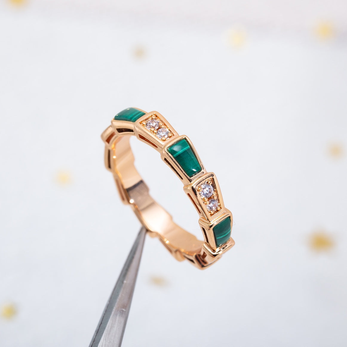 Pomuse SERPENTI RING PINK GOLD MALACHITE DIAMOND 3MM