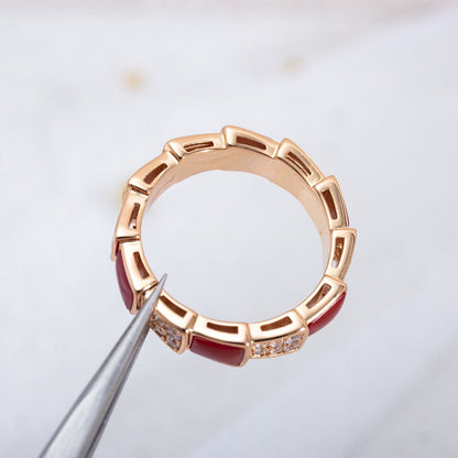 Pomuse SERPENTI RING PINK GOLD CARNELIAN DIAMOND PAVED 4MM