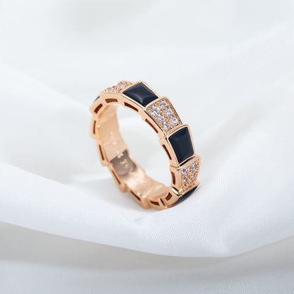 Pomuse SERPENTI RING PINK GOLD BLACK MOP DIAMOND PAVED 4MM