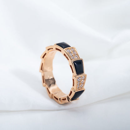 Pomuse SERPENTI RING PINK GOLD BLACK MOP DIAMOND PAVED 4MM