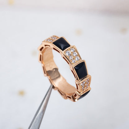 Pomuse SERPENTI RING PINK GOLD BLACK MOP DIAMOND PAVED 4MM