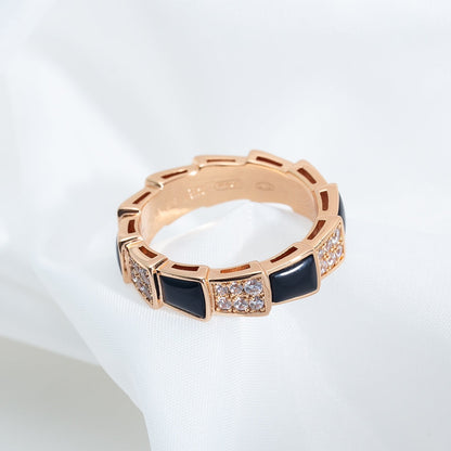 Pomuse SERPENTI RING PINK GOLD BLACK MOP DIAMOND PAVED 4MM