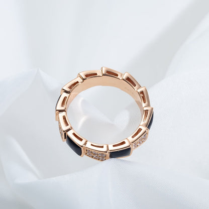 Pomuse SERPENTI RING PINK GOLD BLACK MOP DIAMOND PAVED 4MM