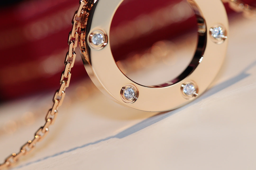 Pomuse LOVE NECKLACE 16MM 6 DIAMONDS PINK GOLD
