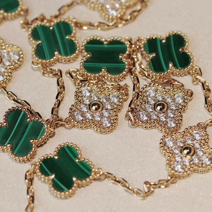 Pomuse CLOVER 20 MOTIFS MALACHITE DIAMOND NECKLACE