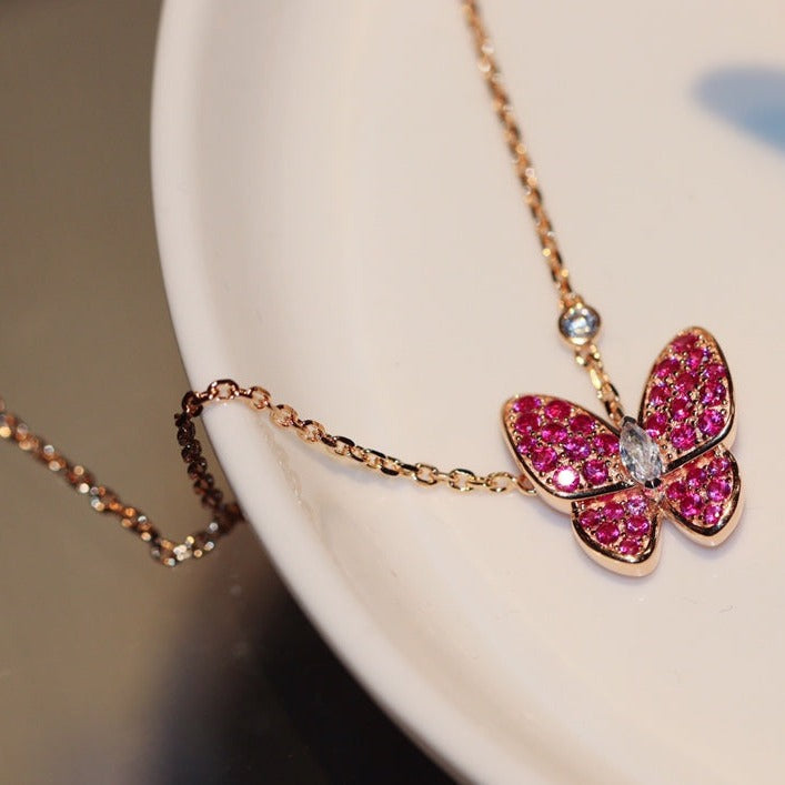 Pomuse BUTTERFLY RED DIAMOND ROSE GOLD NECKLACE