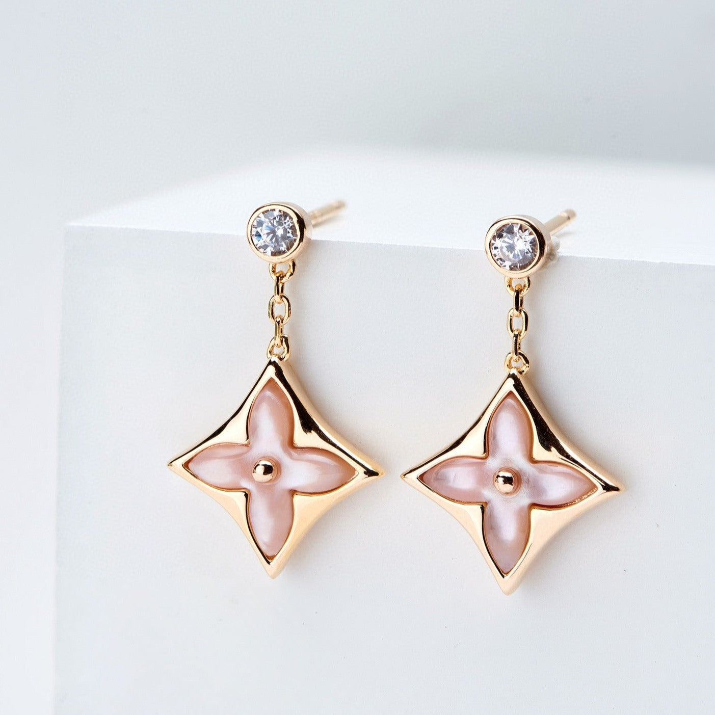 Pomuse DOUBLE STAR PINK GOLD MOP DROP EARRINGS
