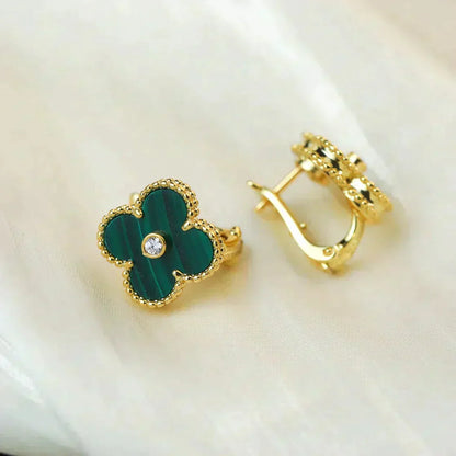 Pomuse CLOVER MEDIUM 1 MOTIFS MALACHITE DIAMOND EARRINGS