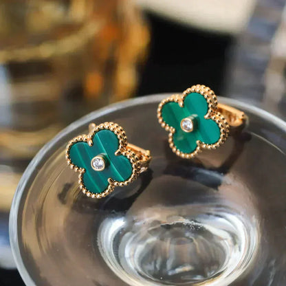Pomuse CLOVER MEDIUM 1 MOTIFS MALACHITE DIAMOND EARRINGS