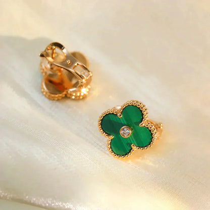 Pomuse CLOVER MEDIUM 1 MOTIFS MALACHITE DIAMOND EARRINGS