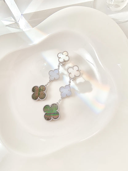 Pomuse CLOVER 3 MOTIFS CHALCEDONY DARK MOP SILVER EARRINGS