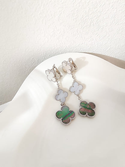 Pomuse CLOVER 3 MOTIFS CHALCEDONY DARK MOP SILVER EARRINGS