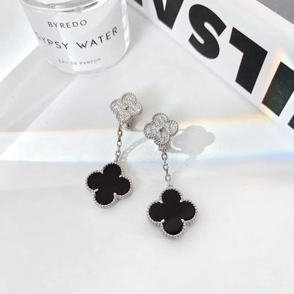 Pomuse CLOVER 2 MOTIFS  DIAMOND ONYX EARRINGS SILVER